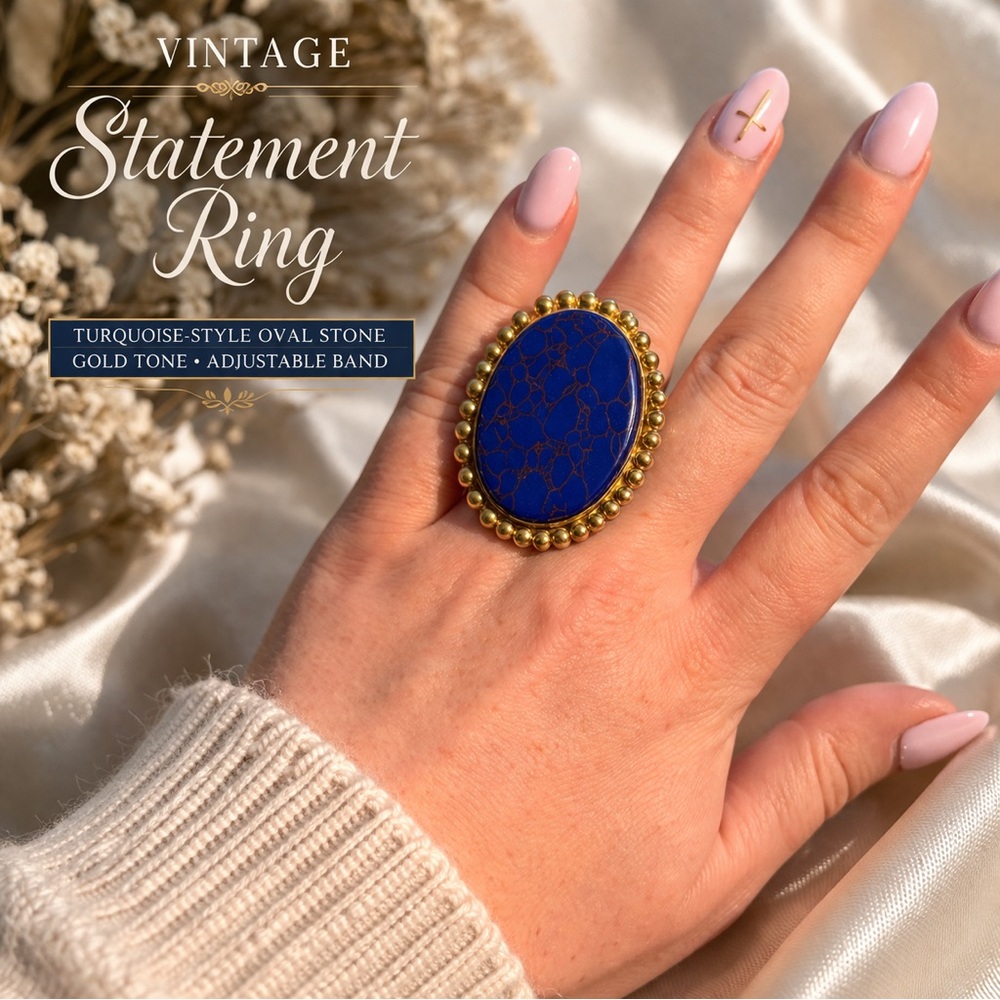 Vintage Gold Tone Blue Turquoise Style Statement Ring Adjustable